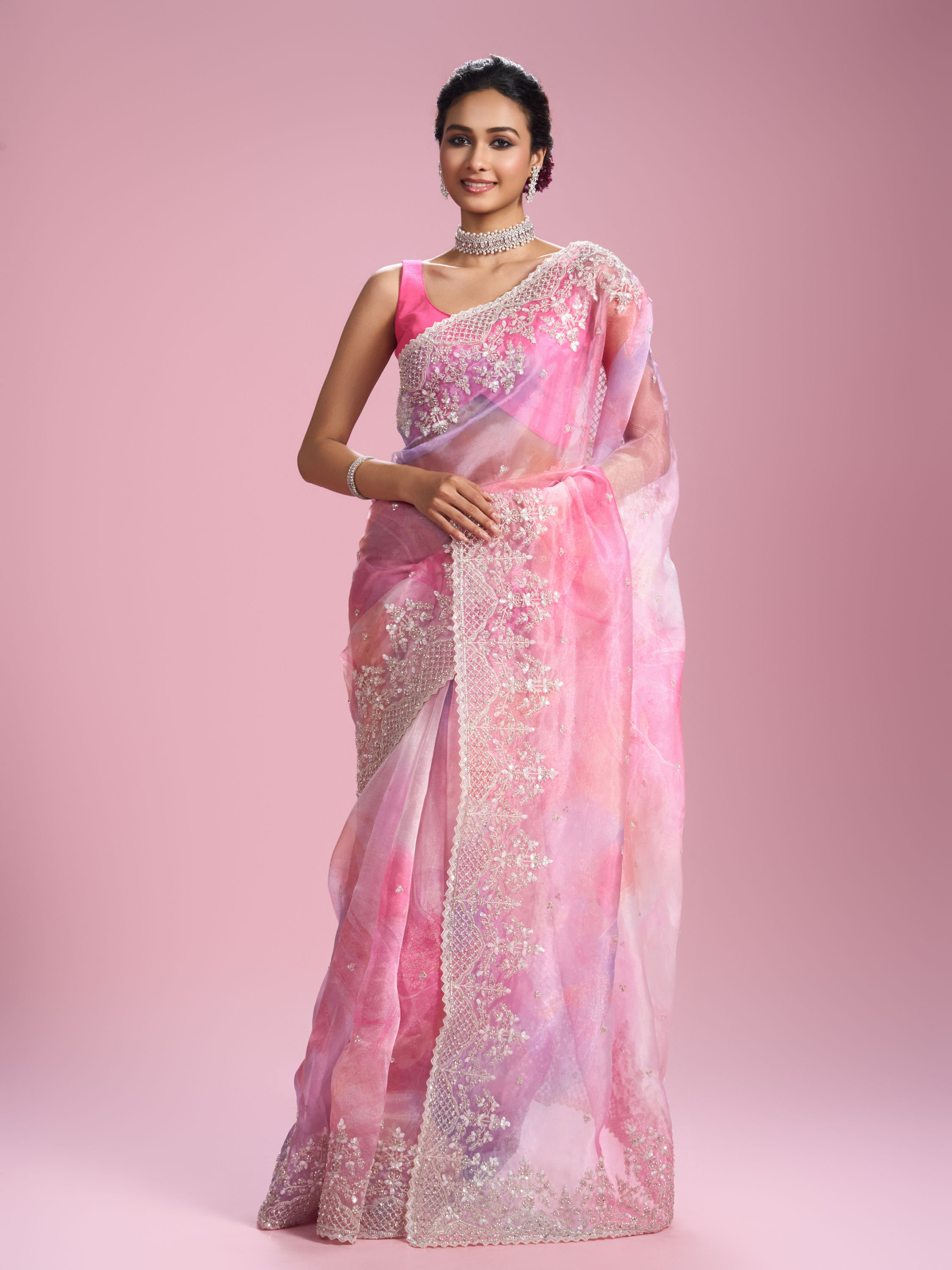 Mohey Women Glamorous Pink Organza Saree
