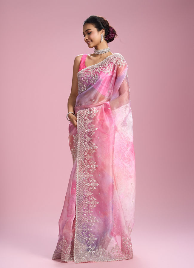 Mohey Women Glamorous Pink Organza Saree
