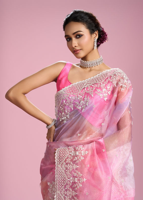 Mohey Women Glamorous Pink Organza Saree