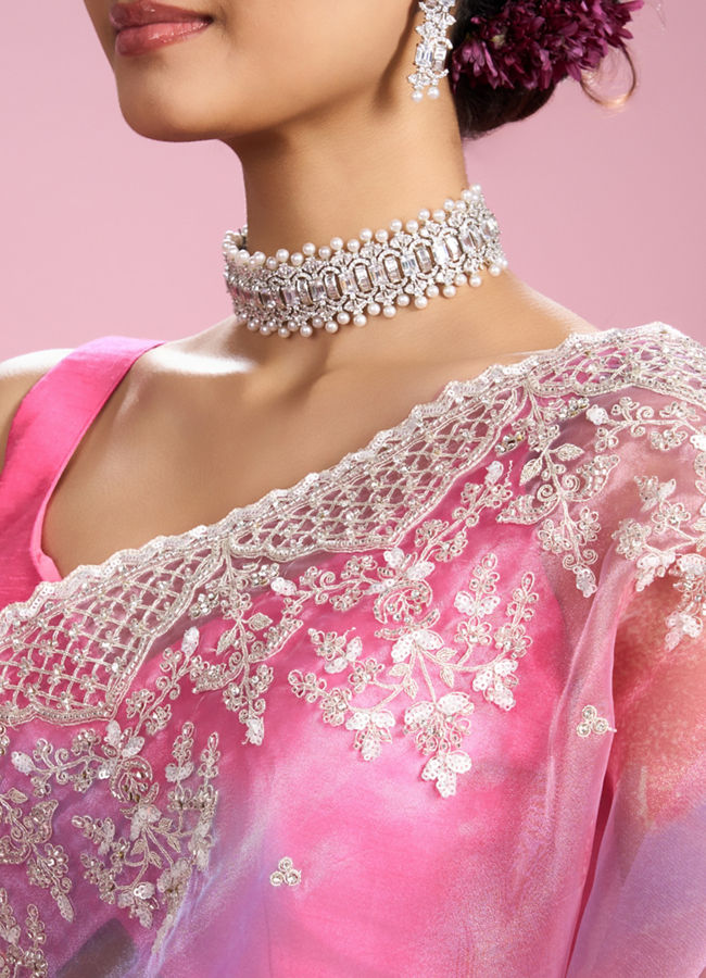 Mohey Women Glamorous Pink Organza Saree