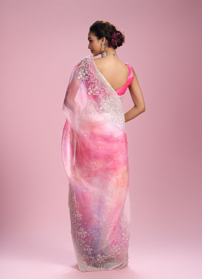 Mohey Women Glamorous Pink Organza Saree