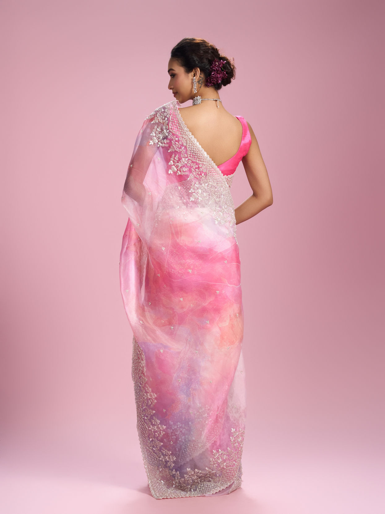 Mohey Women Glamorous Pink Organza Saree