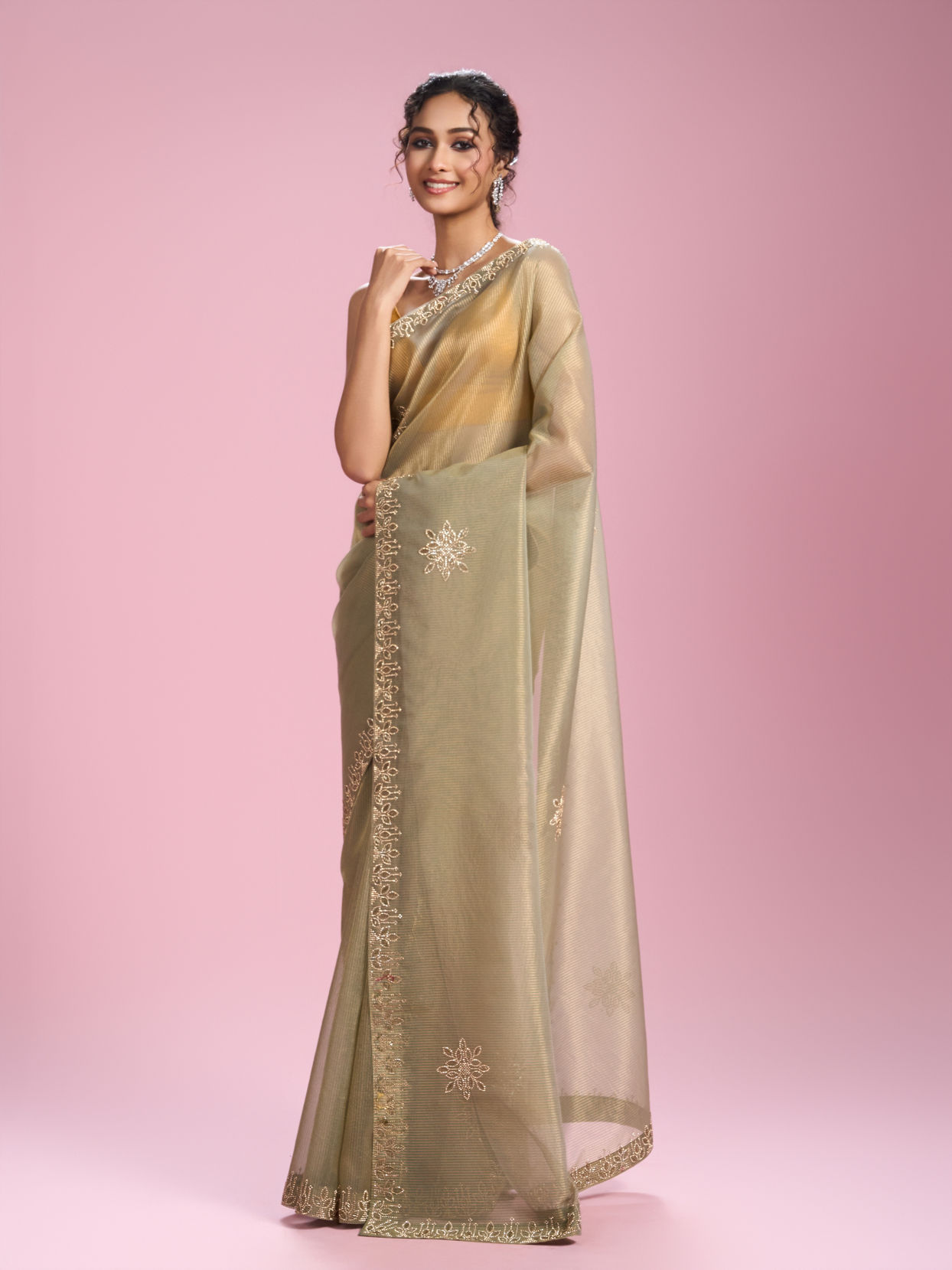 Mohey Women Pistachio Organza Elegance Saree