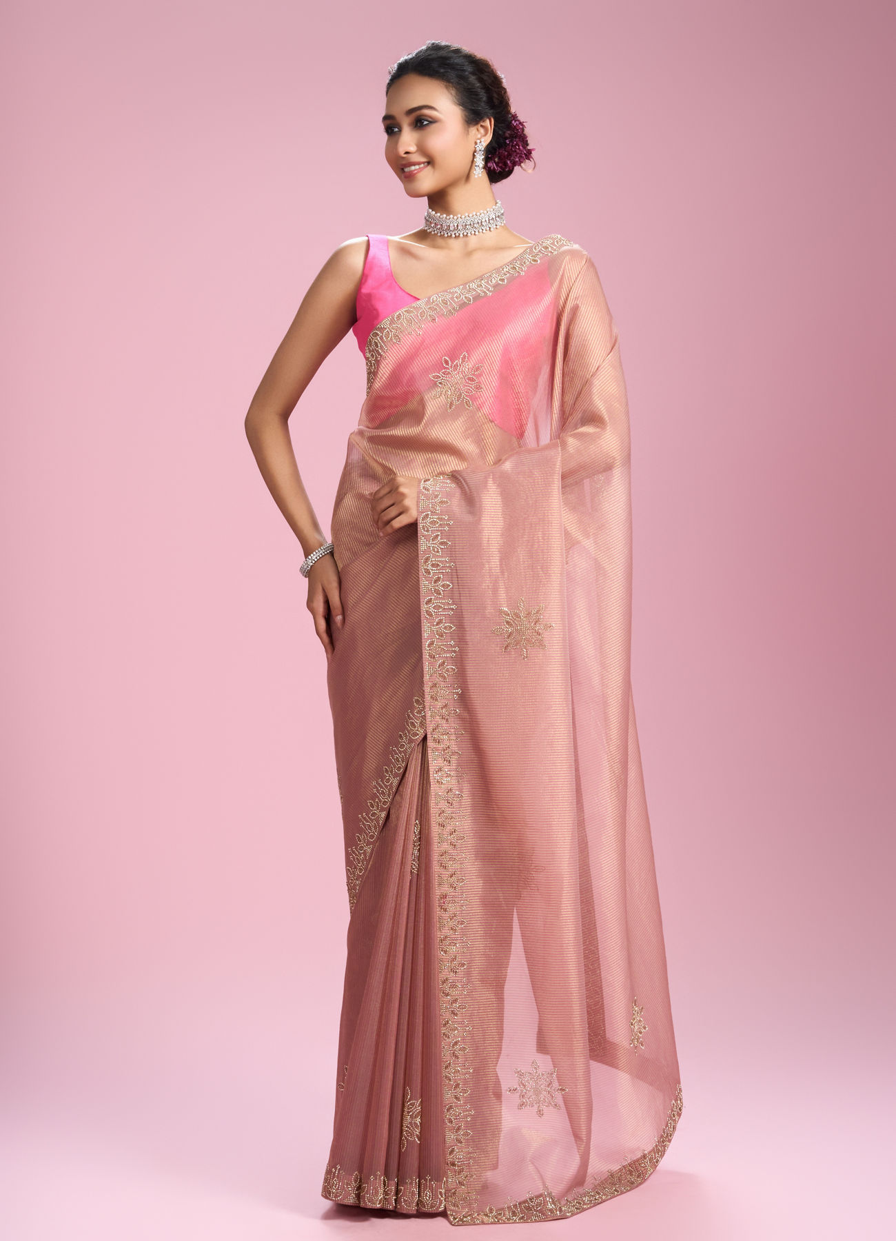 Mohey Women Glistening Dusty Pink Organza Saree
