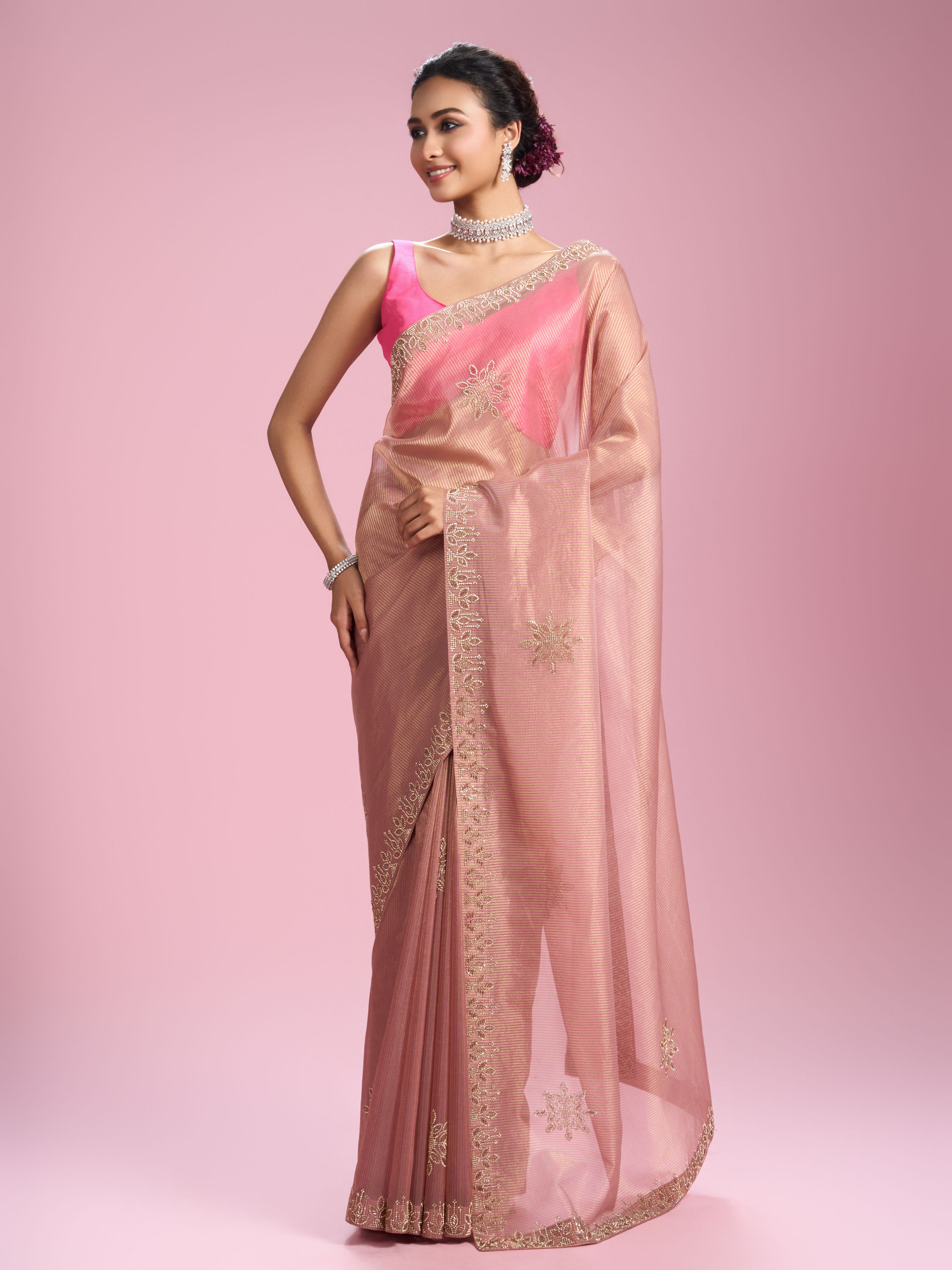Mohey Women Glistening Dusty Pink Organza Saree