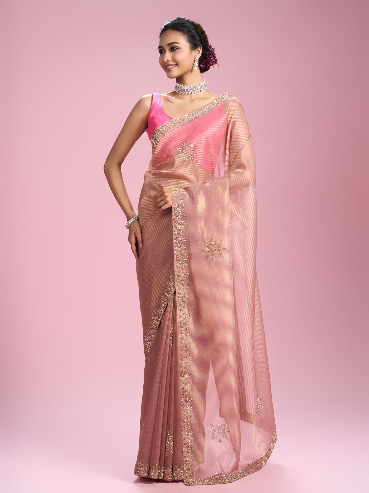 Mohey Women Glistening Dusty Pink Organza Saree