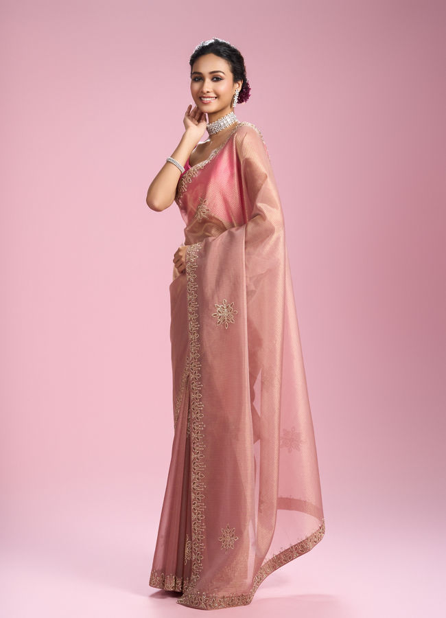 Mohey Women Glistening Dusty Pink Organza Saree
