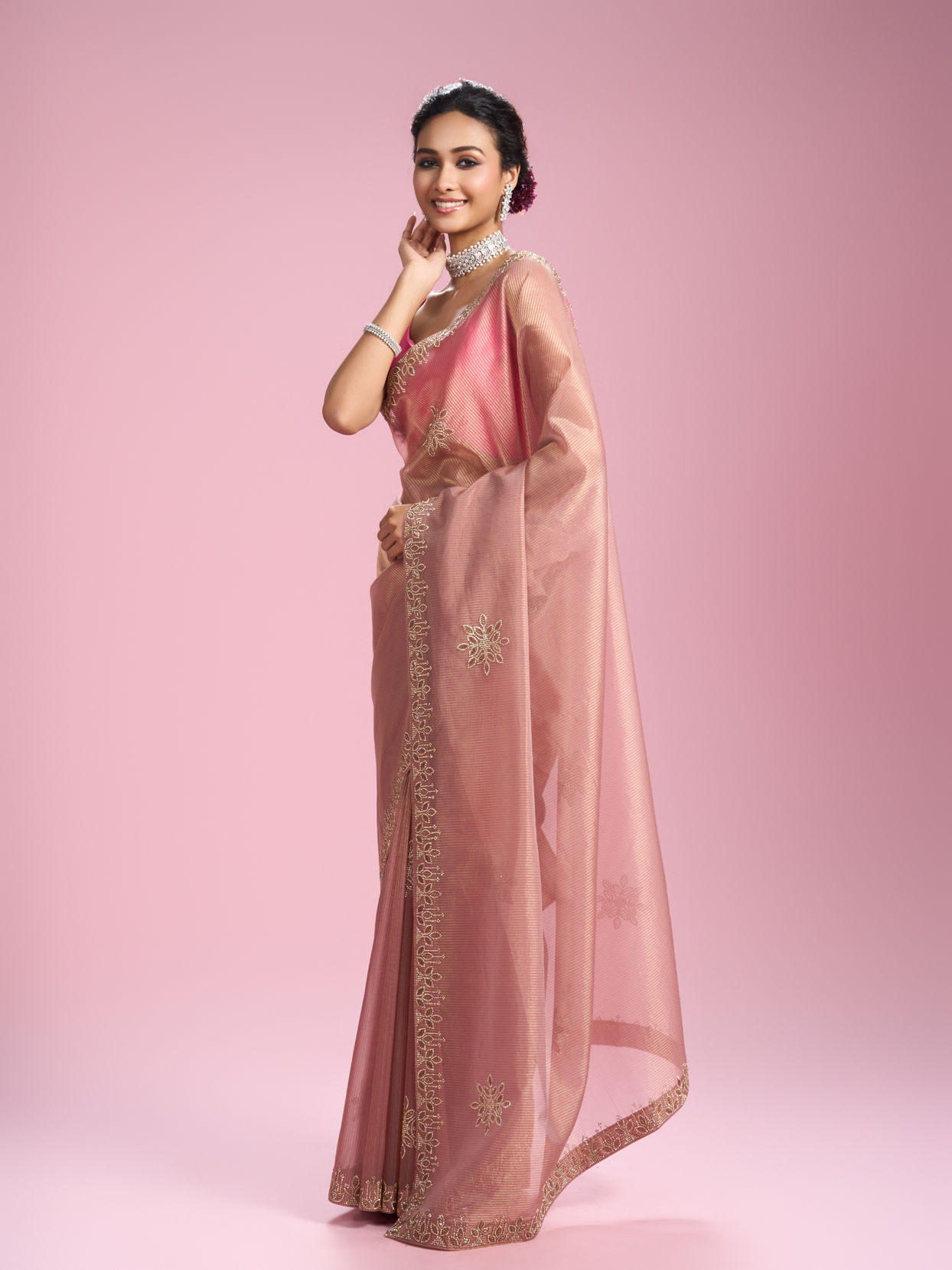 Mohey Women Glistening Dusty Pink Organza Saree