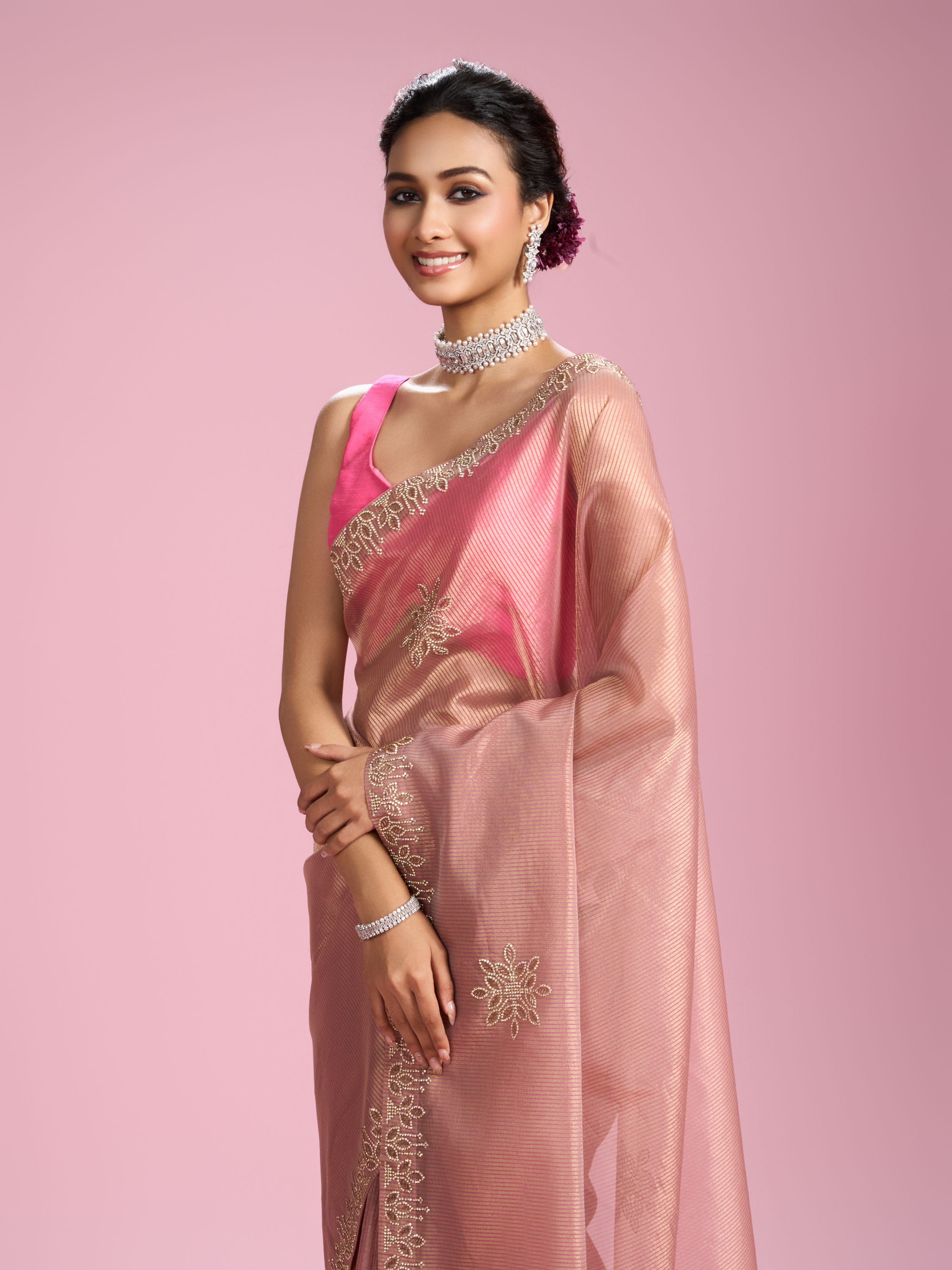 Mohey Women Glistening Dusty Pink Organza Saree