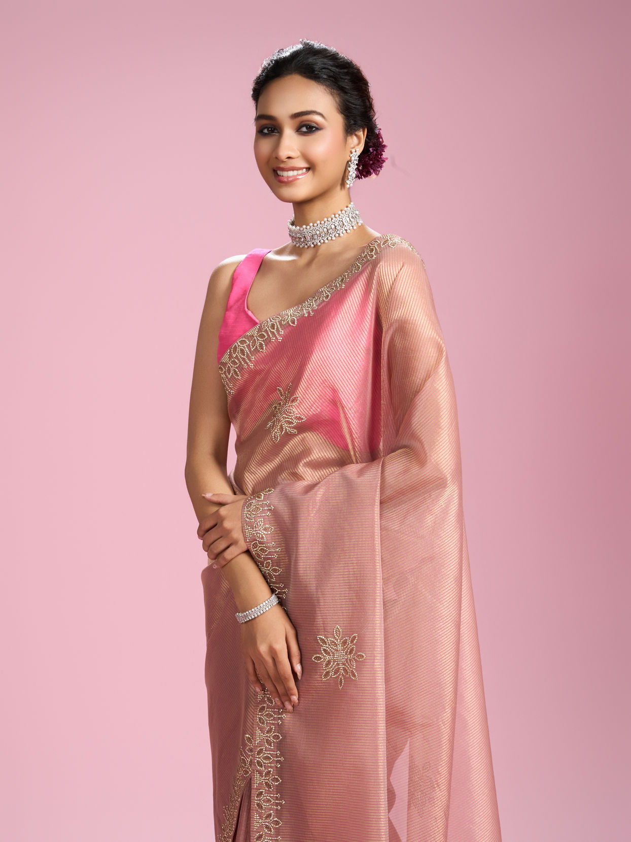 Mohey Women Glistening Dusty Pink Organza Saree