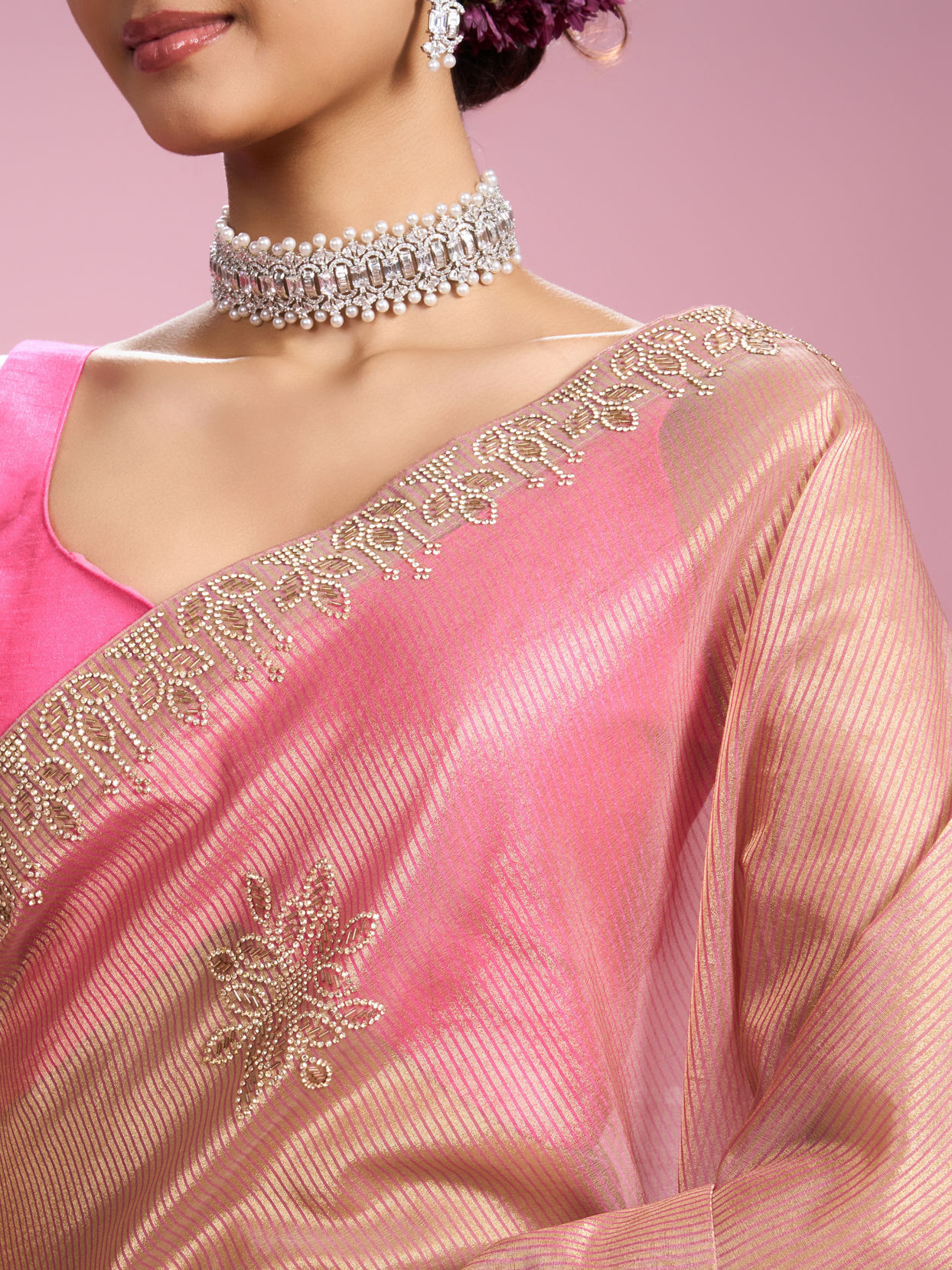 Mohey Women Glistening Dusty Pink Organza Saree