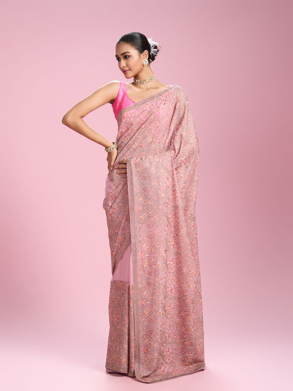 Mohey Women Elegant Pink Organza Saree
