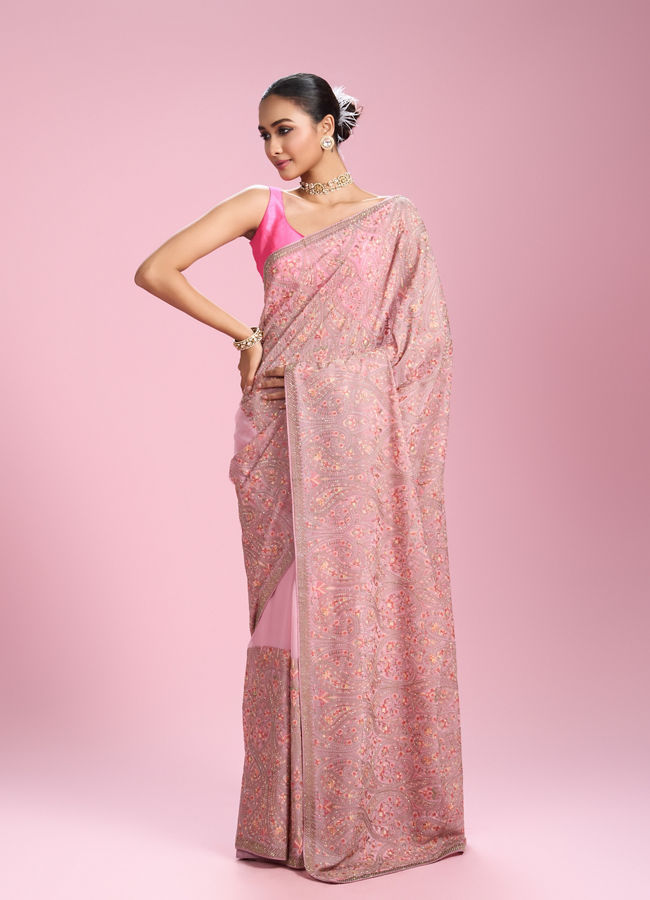 Mohey Women Elegant Pink Organza Saree