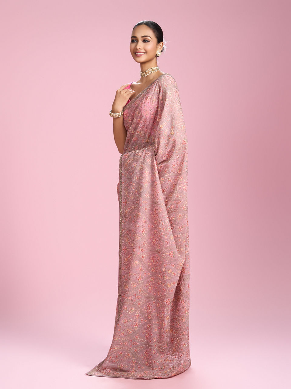 Mohey Women Elegant Pink Organza Saree