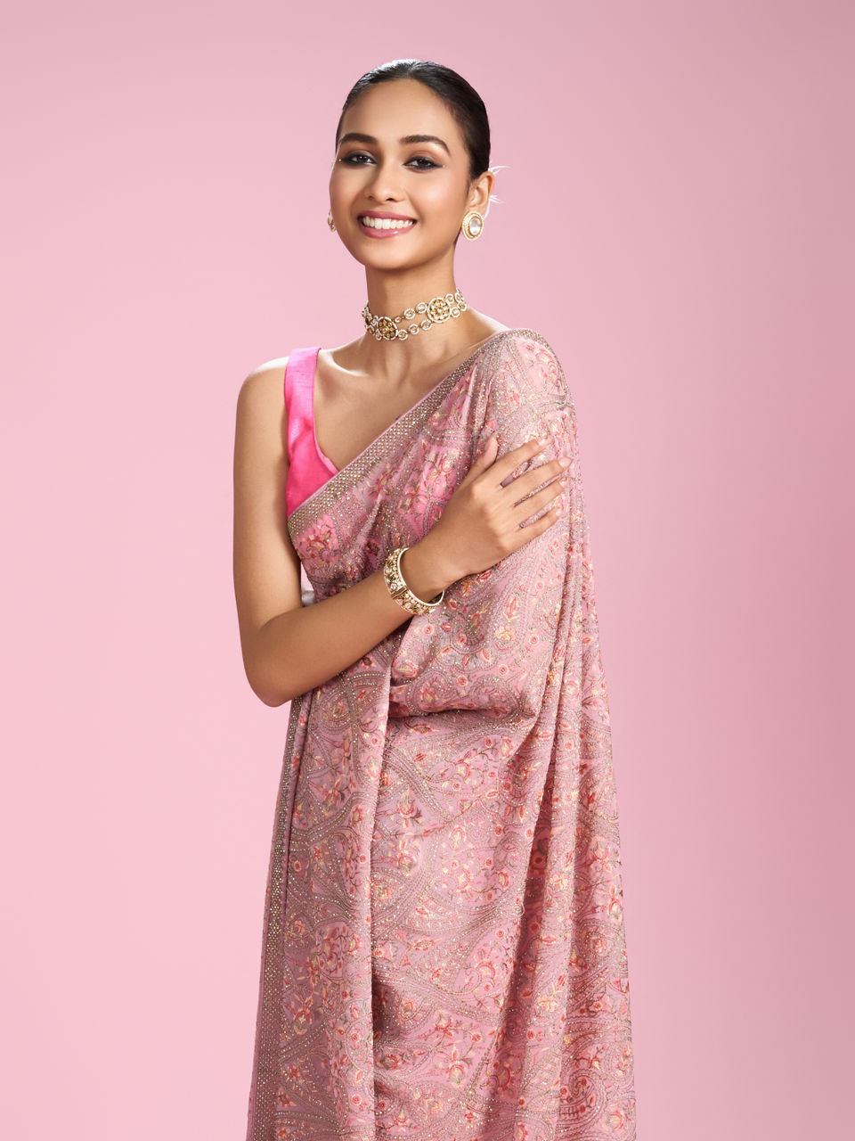 Mohey Women Elegant Pink Organza Saree