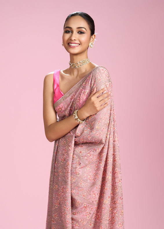 Mohey Women Elegant Pink Organza Saree