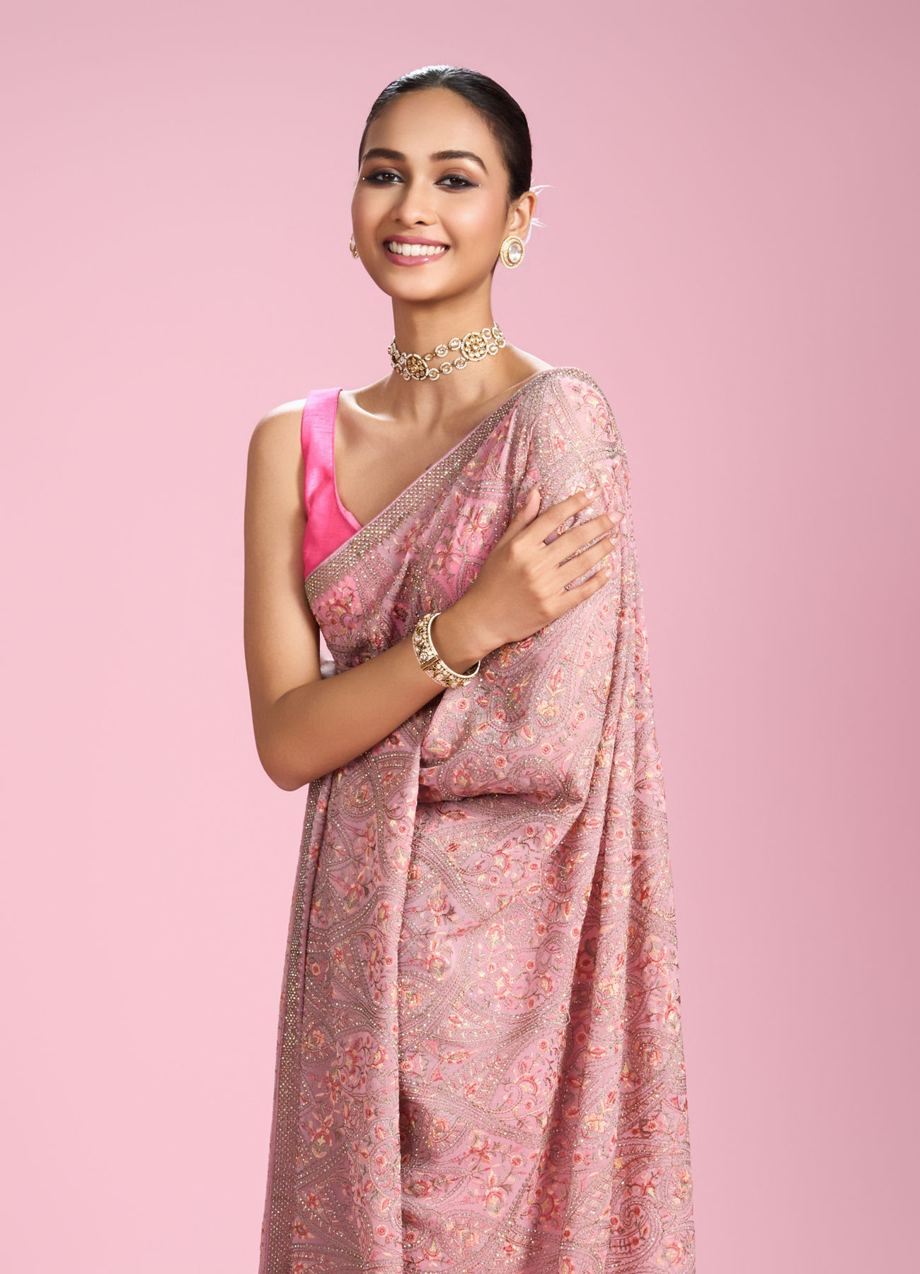 Mohey Women Elegant Pink Organza Saree