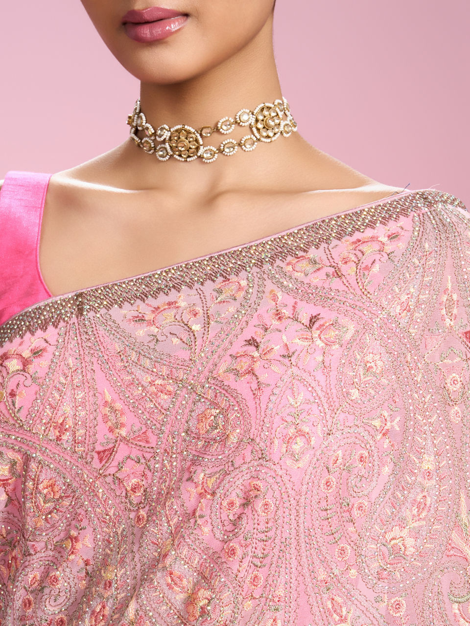 Mohey Women Elegant Pink Organza Saree