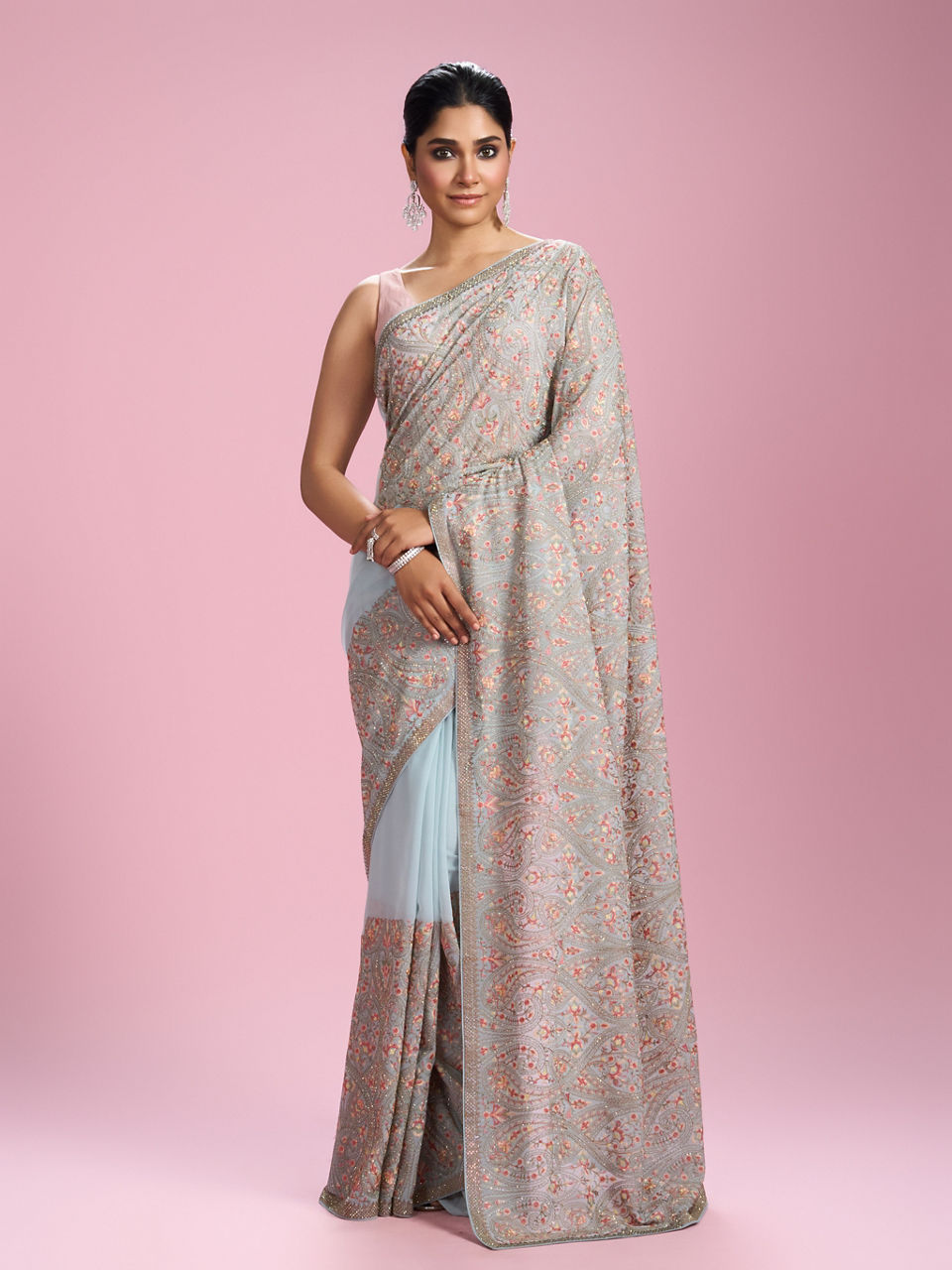 Mohey Women Light Blue Georgette Saree