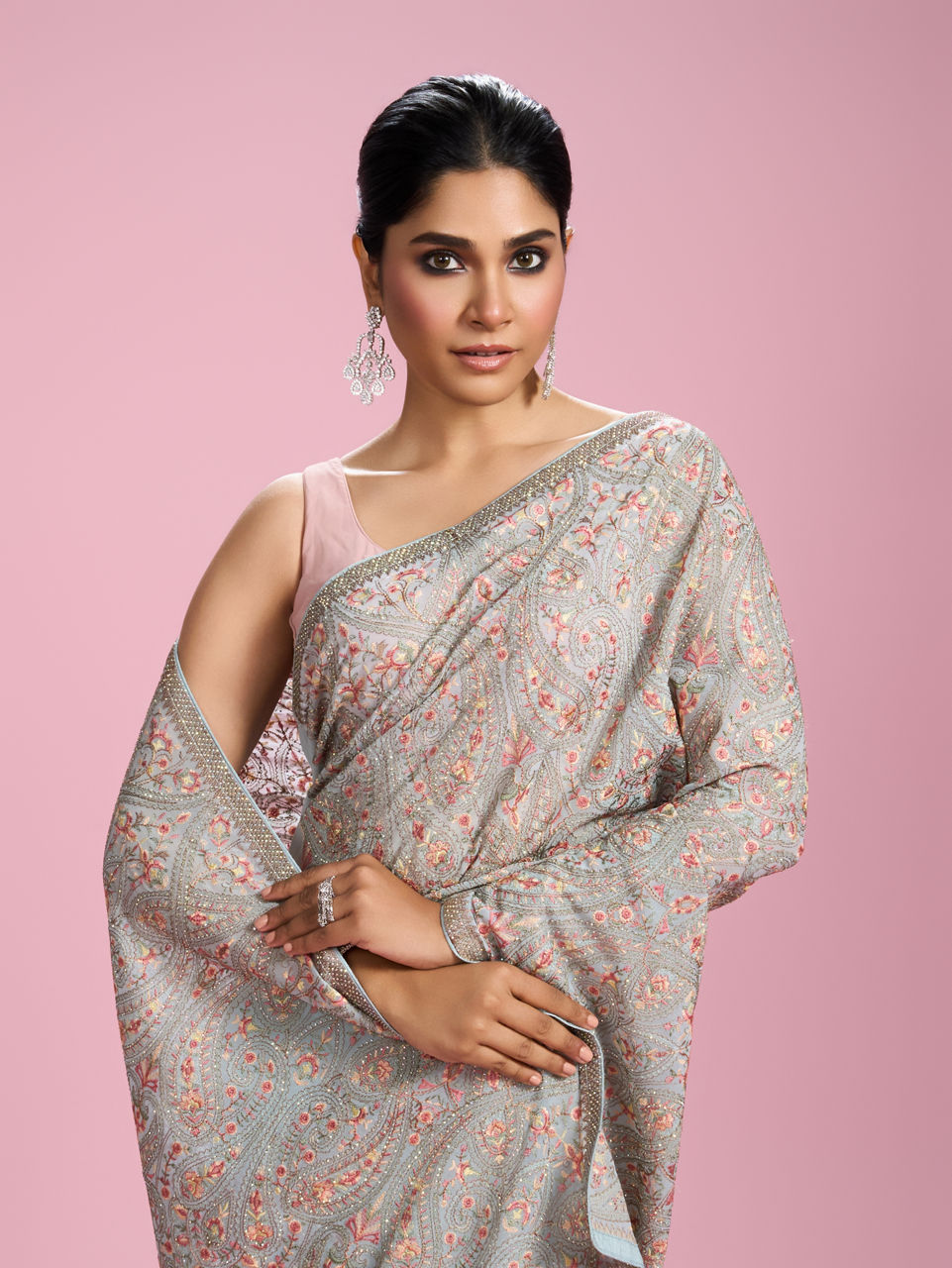 Mohey Women Light Blue Georgette Saree