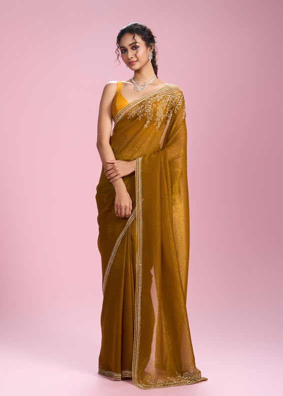 Mohey Women Mustard Yellow Chinon Saree