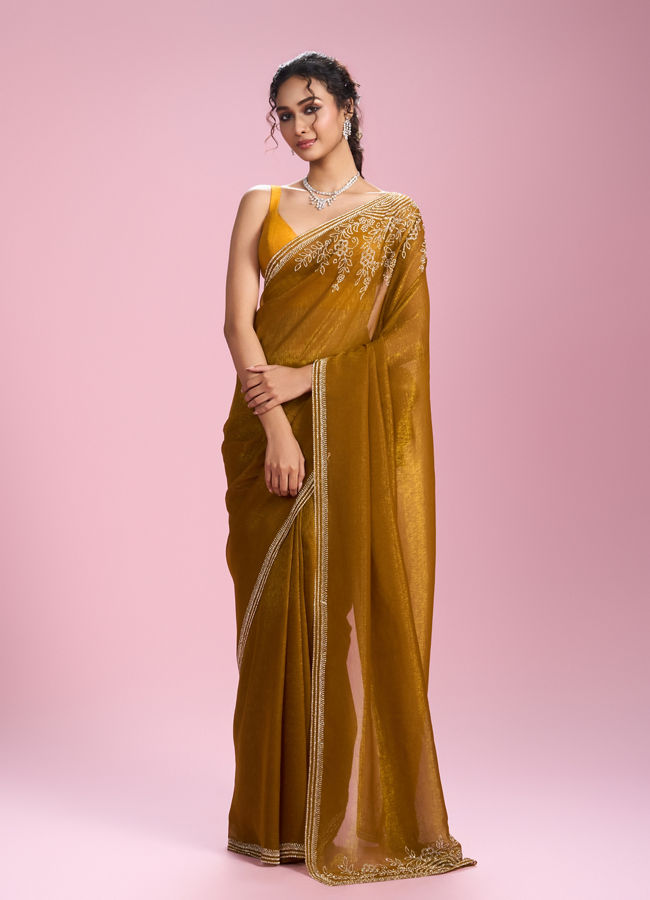Mohey Women Mustard Yellow Chinon Saree
