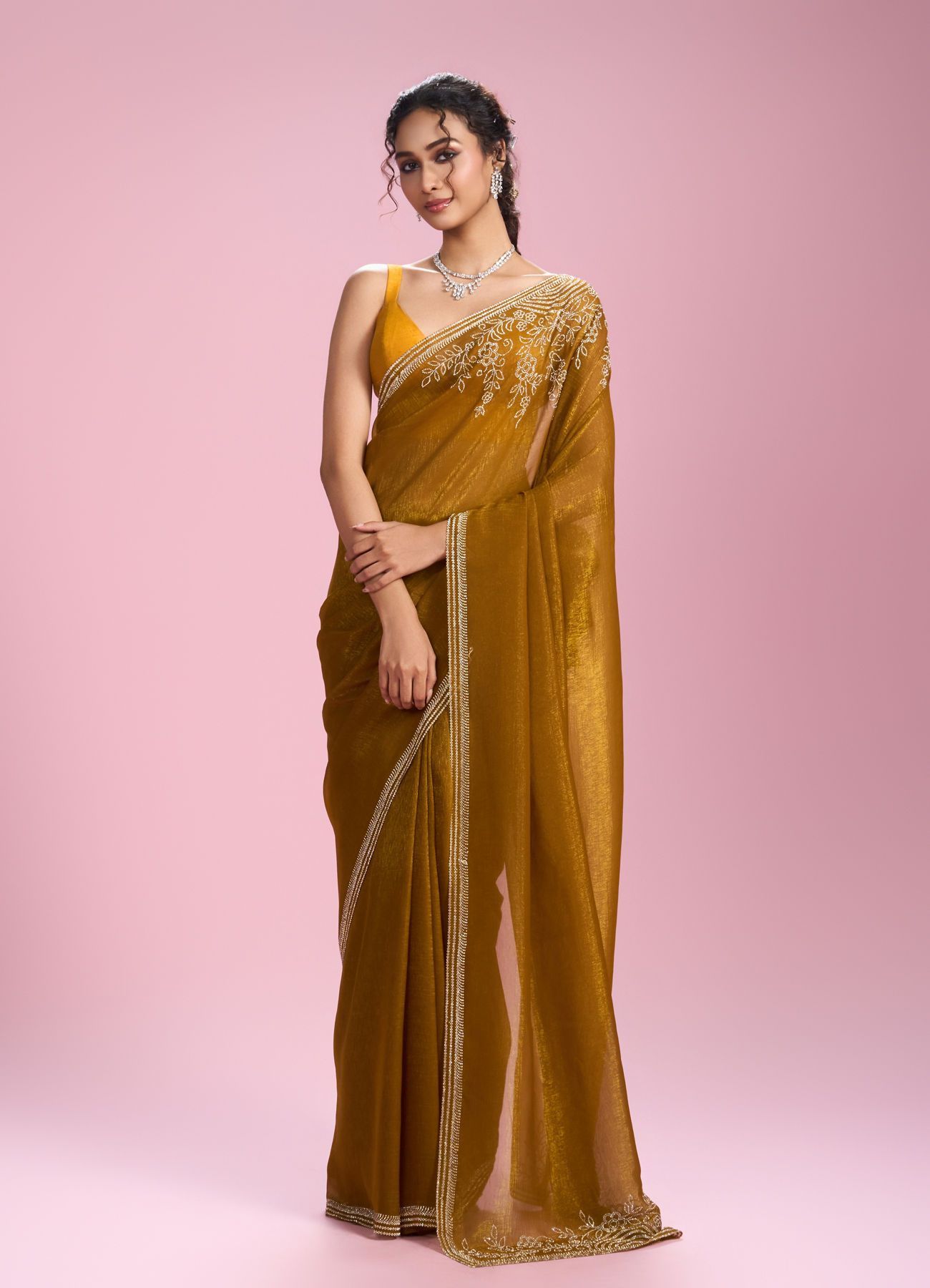 Mohey Women Mustard Yellow Chinon Saree