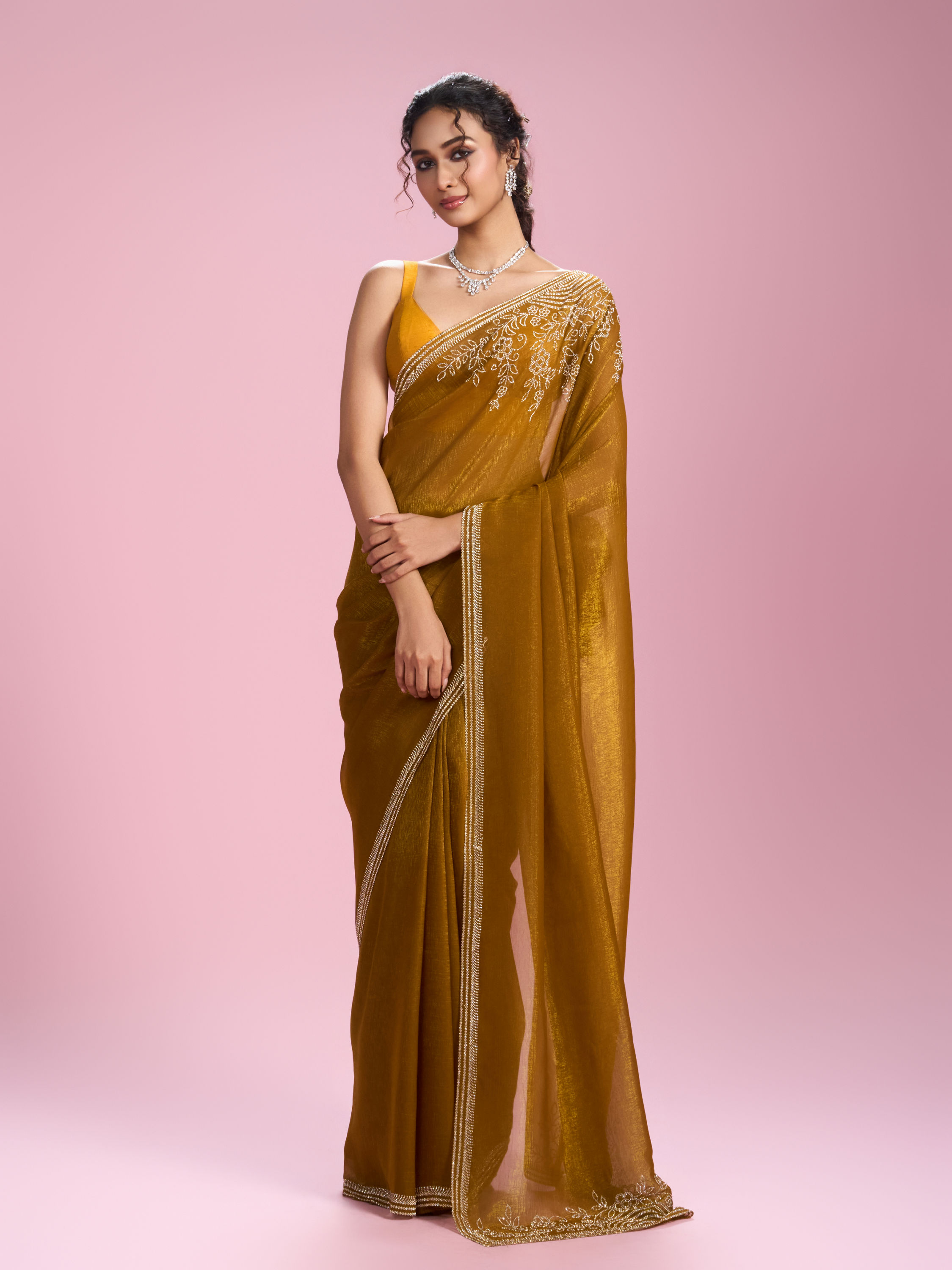 Mohey Women Mustard Yellow Chinon Saree