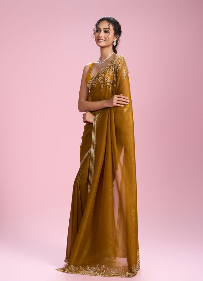 Mohey Women Mustard Yellow Chinon Saree