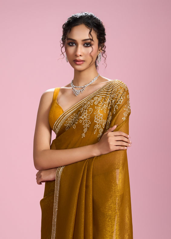 Mohey Women Mustard Yellow Chinon Saree