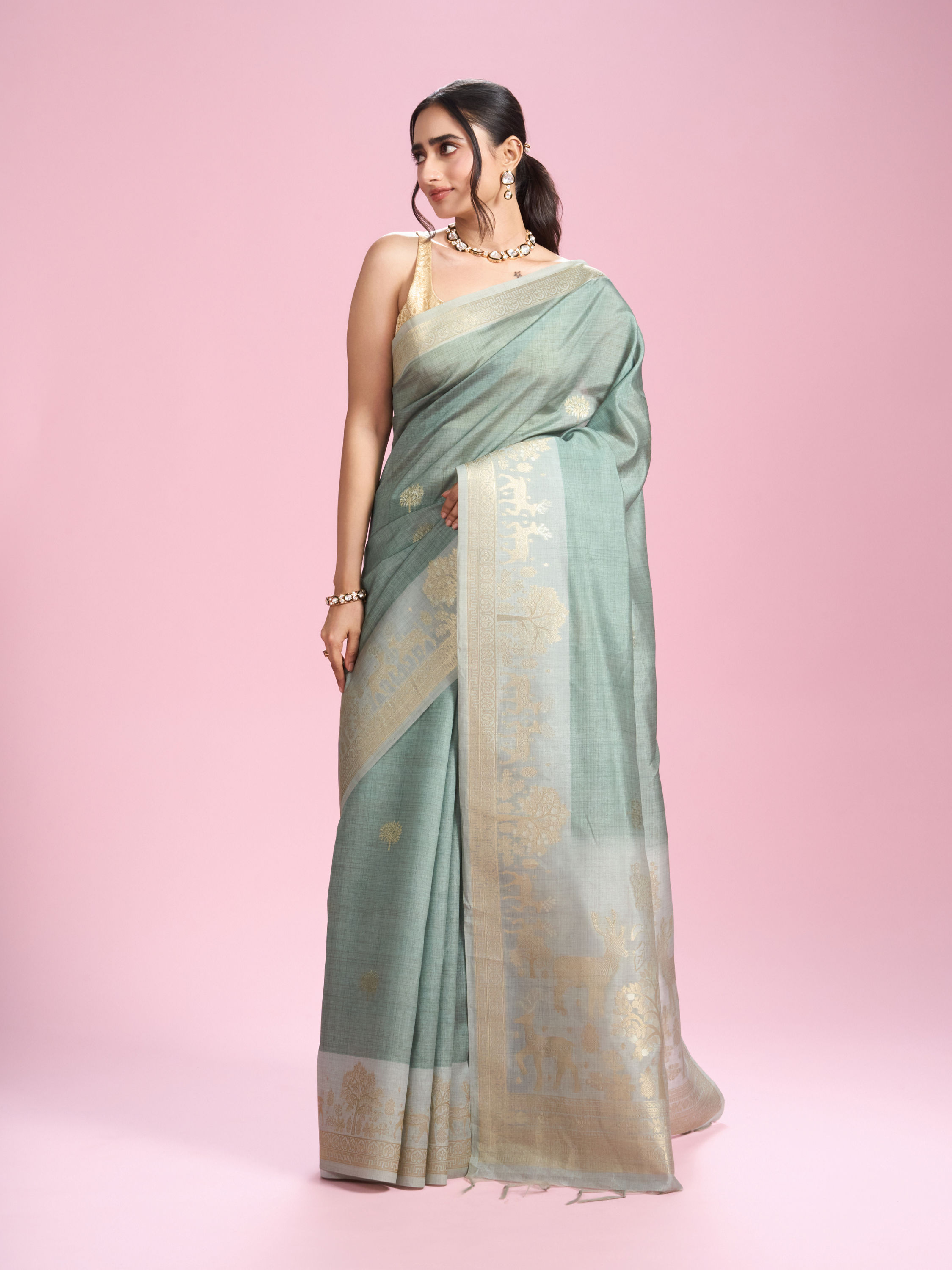 Mohey Women Pista Green Festive Elegance Saree