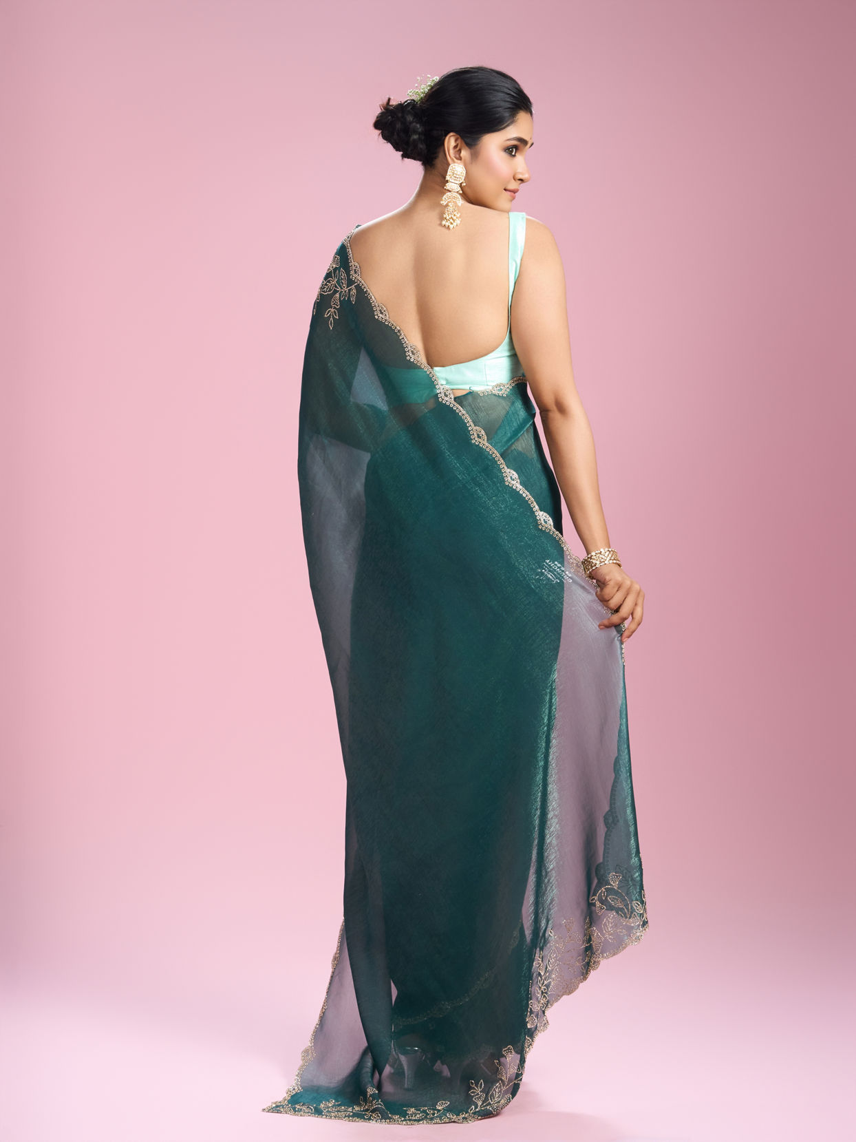 Mohey Women Sea Green Chinon Party Wear Saree