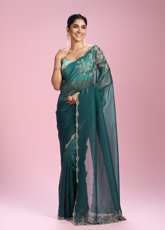 Mohey Women Sea Green Chinon Party Wear Saree