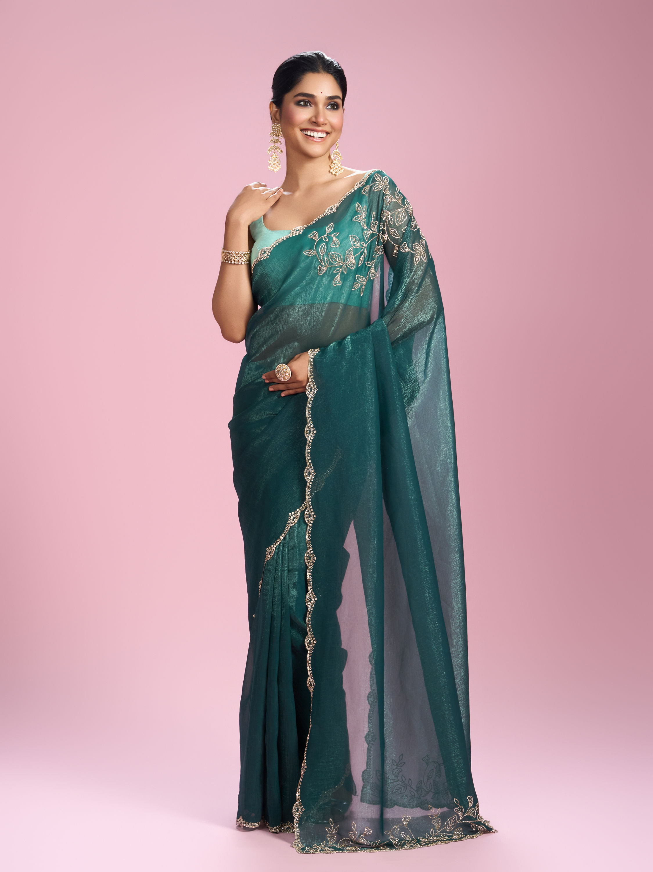 Mohey Women Sea Green Chinon Party Wear Saree