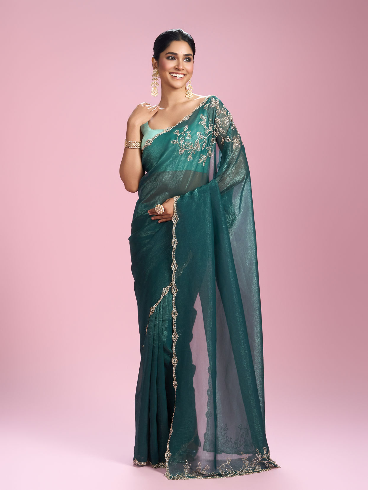Mohey Women Sea Green Chinon Party Wear Saree