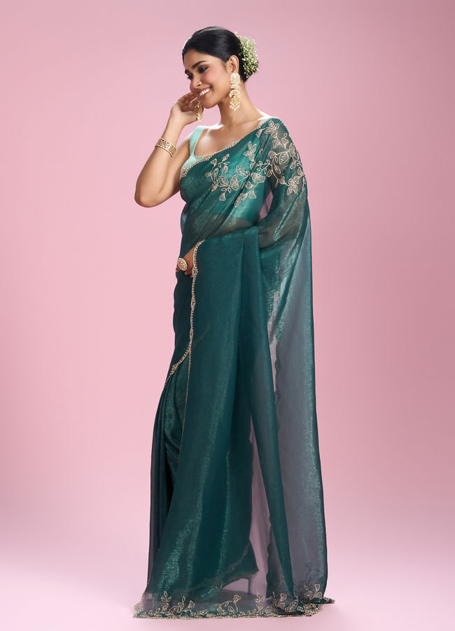 Mohey Women Sea Green Chinon Party Wear Saree