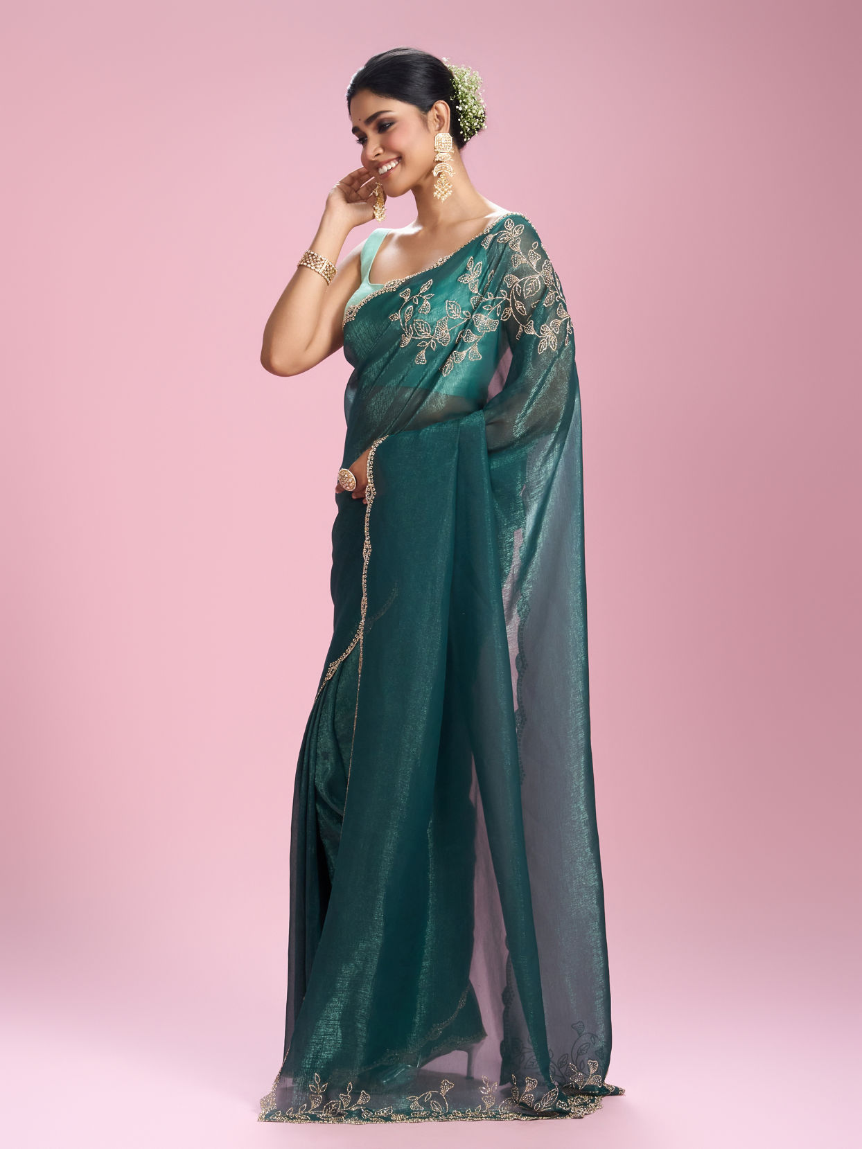 Mohey Women Sea Green Chinon Party Wear Saree