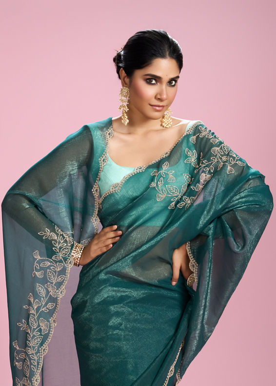 Mohey Women Sea Green Chinon Party Wear Saree