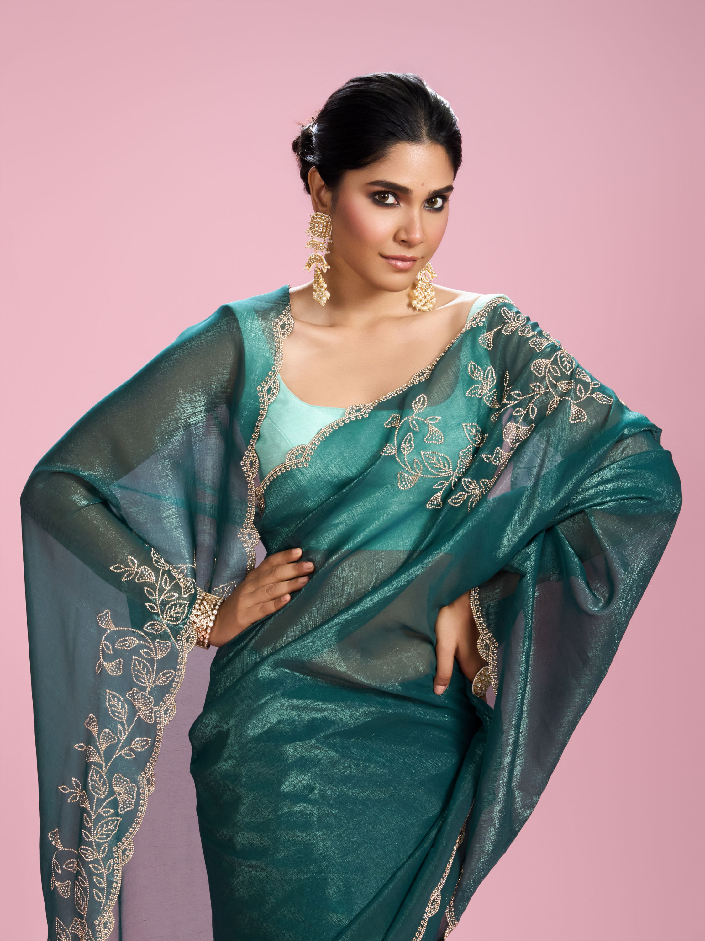 Mohey Women Sea Green Chinon Party Wear Saree