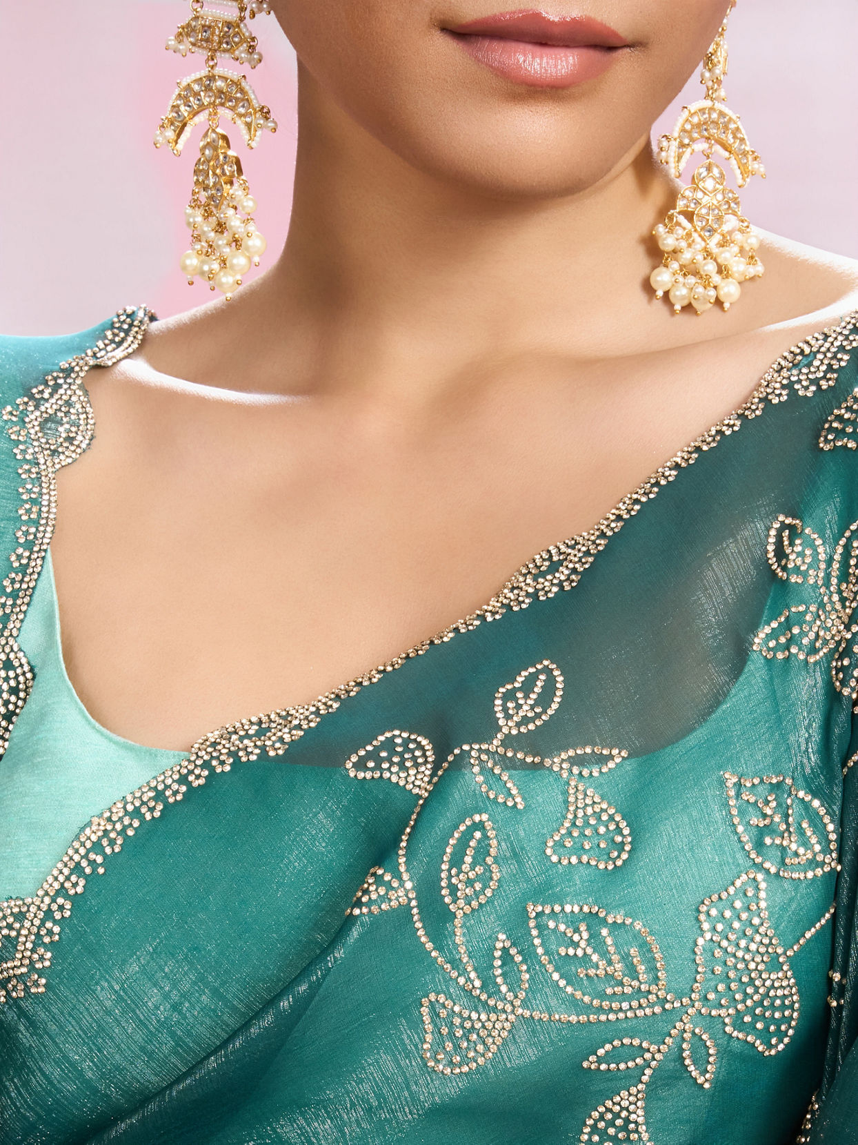 Mohey Women Sea Green Chinon Party Wear Saree