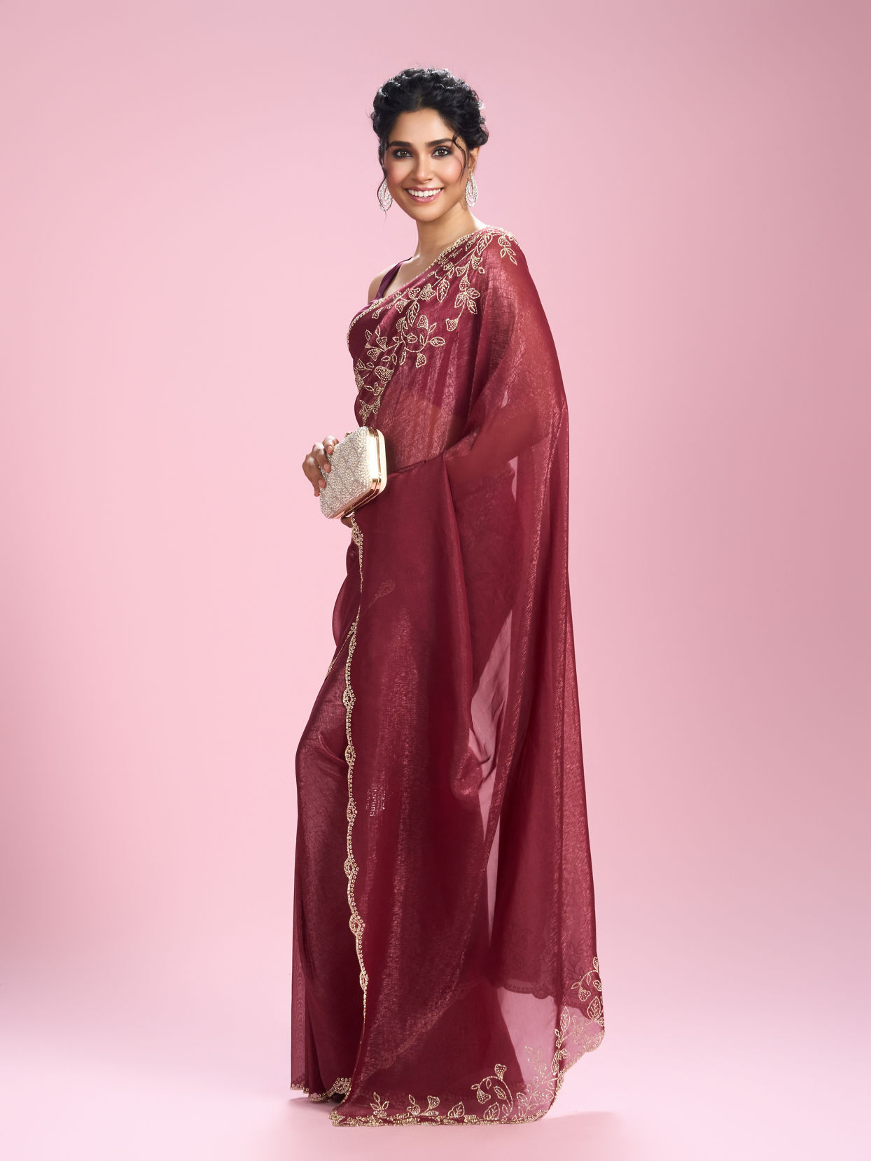 Mohey Women Coral Charm Chinon Saree