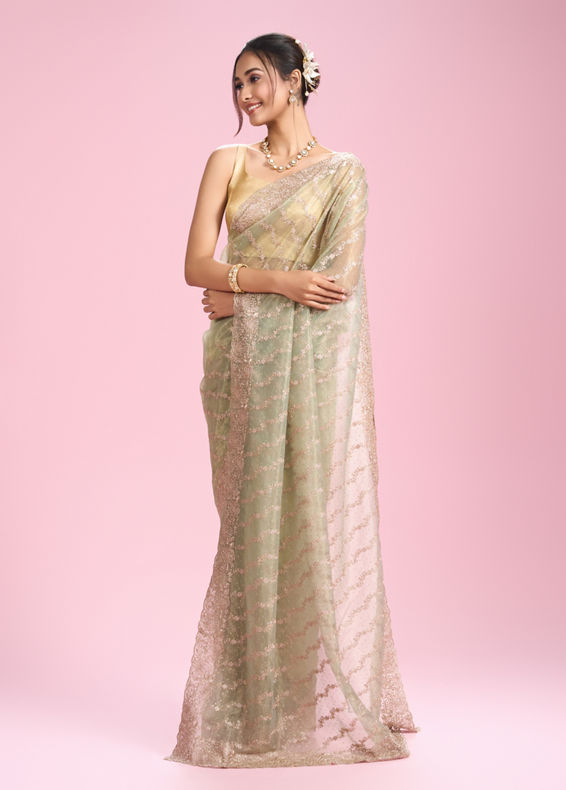Mohey Women Pista Green Net Enchantment Saree