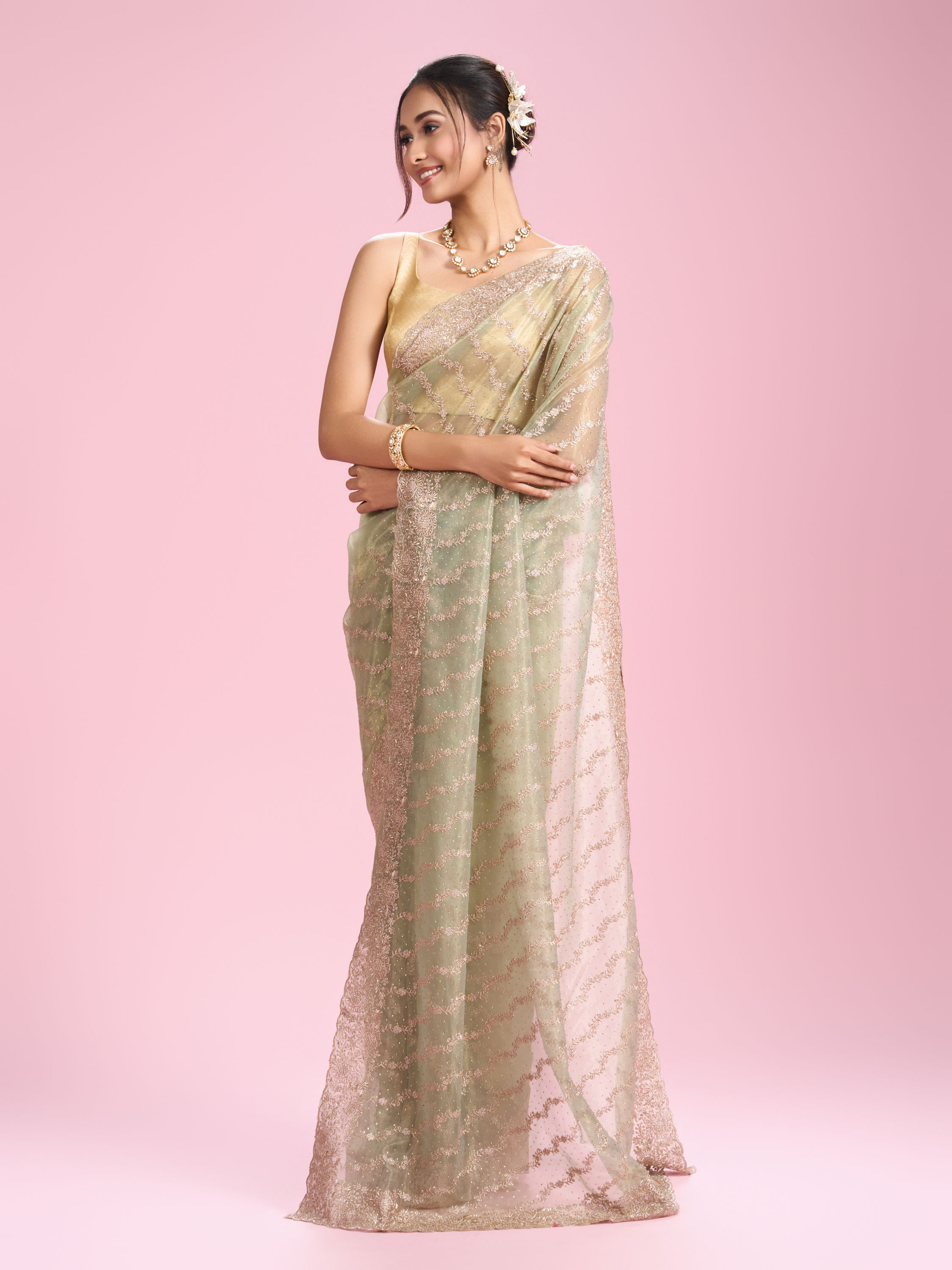 Mohey Women Pista Green Net Enchantment Saree