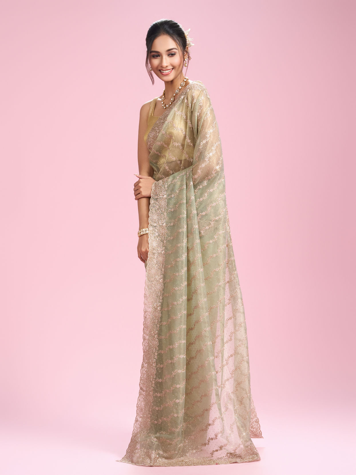 Mohey Women Pista Green Net Enchantment Saree