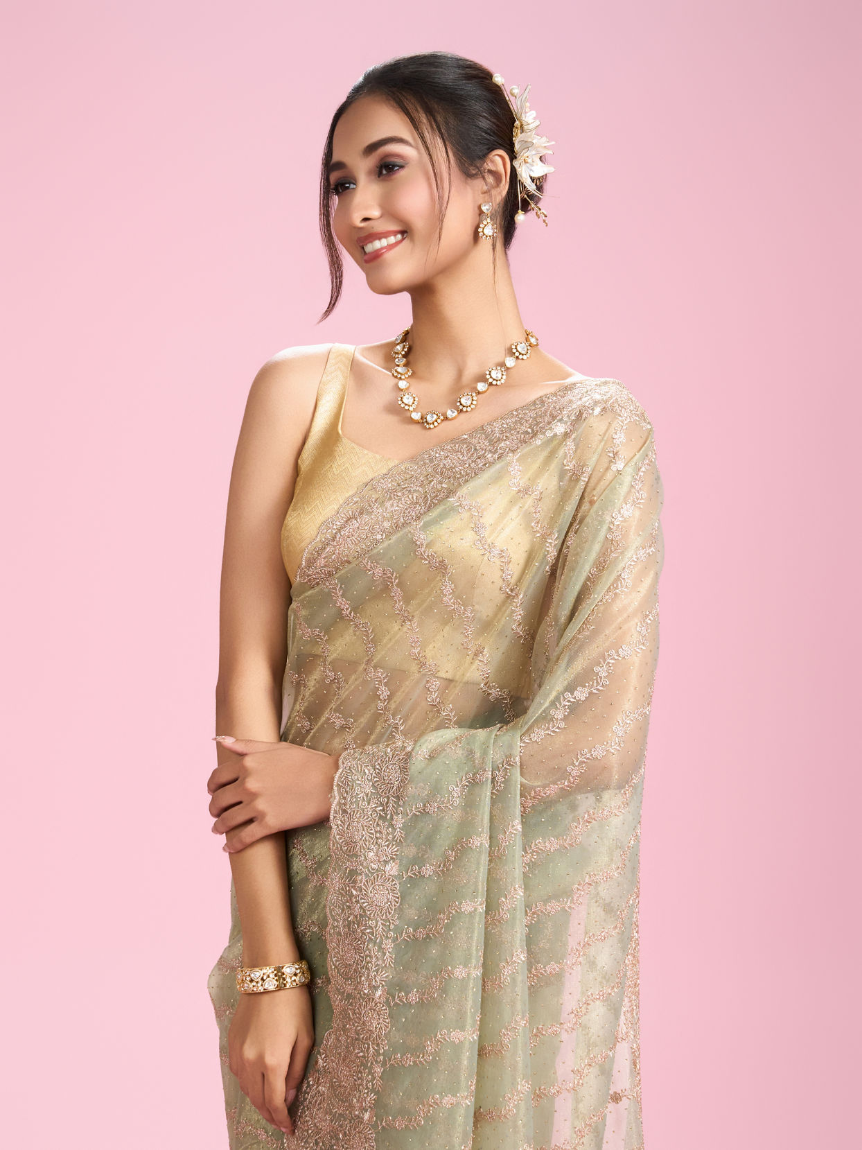 Mohey Women Pista Green Net Enchantment Saree