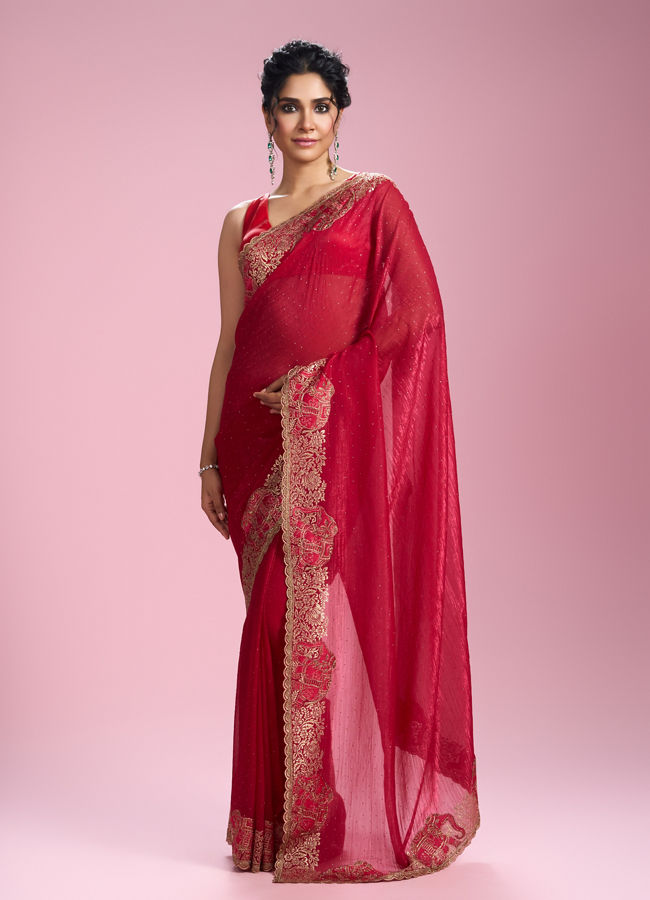 Mohey Women Lustrous Rani Pink Organza Saree