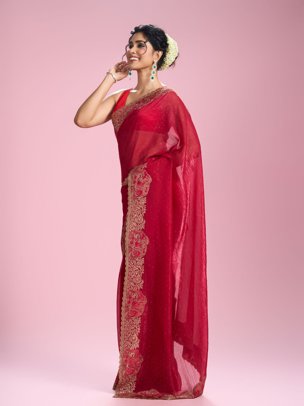 Mohey Women Lustrous Rani Pink Organza Saree