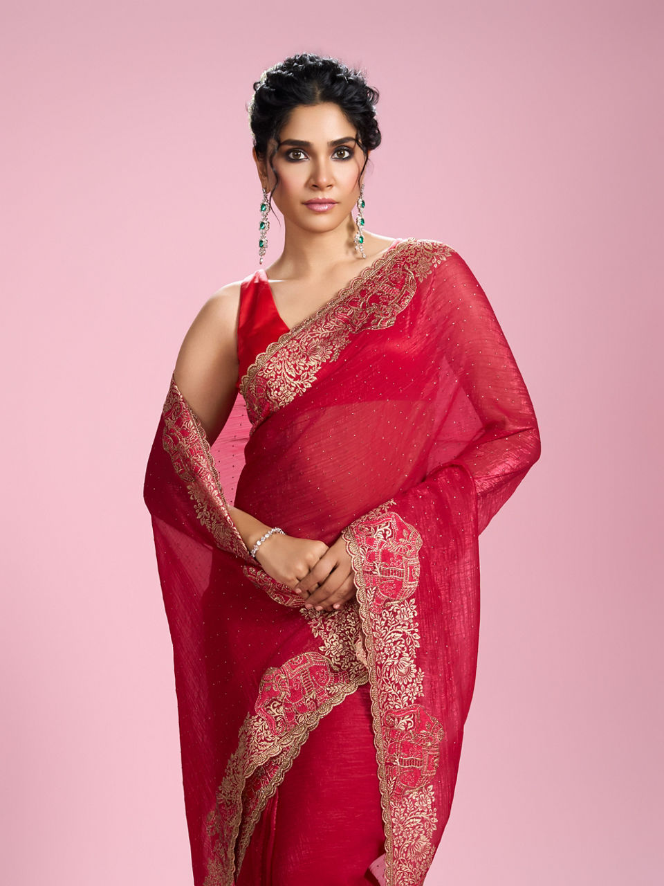 Mohey Women Lustrous Rani Pink Organza Saree