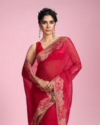 Mohey Women Lustrous Rani Pink Organza Saree