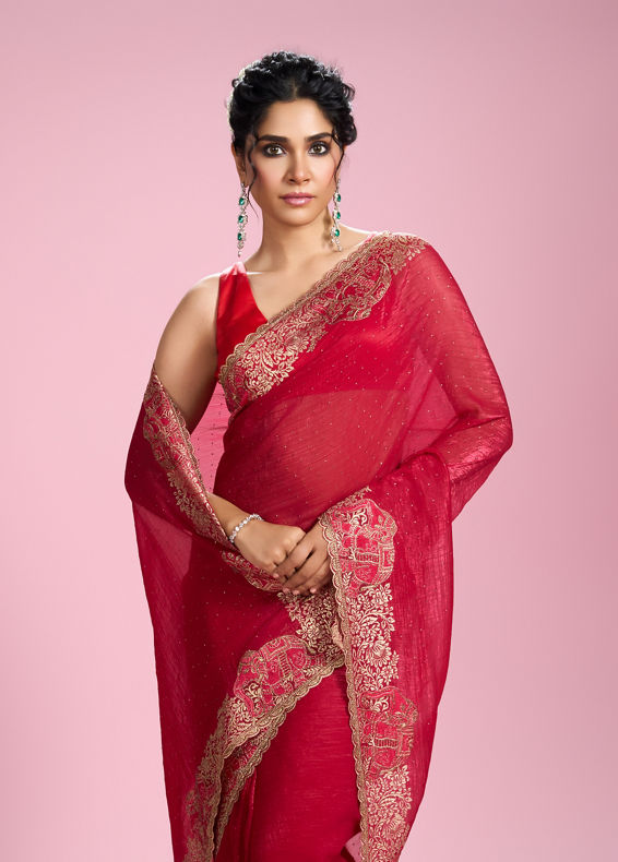 Mohey Women Lustrous Rani Pink Organza Saree